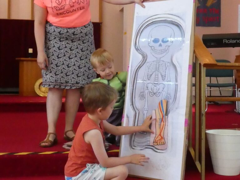 Children adding biological details to a skeleton