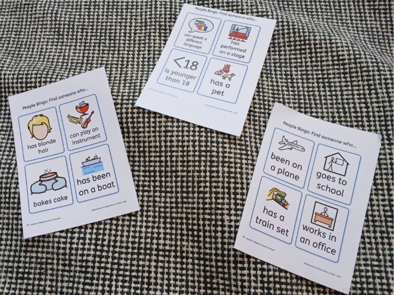 Three bingo sheets used in the activity.