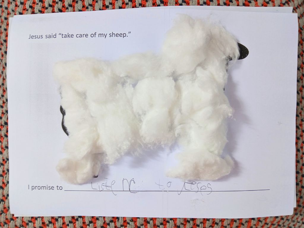 A cotton wool sheep with the caption 'Jesus said