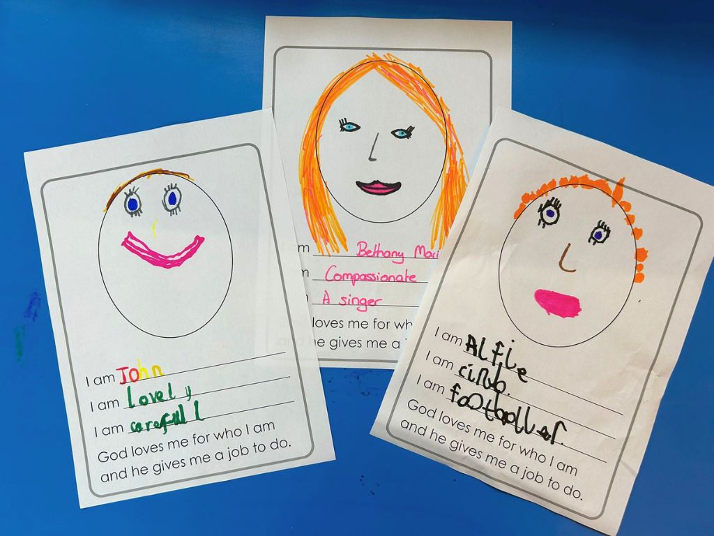 Three pieces of paper on a blue background. Each has a drawing of a face and three facts about the person. Underneath it reads 